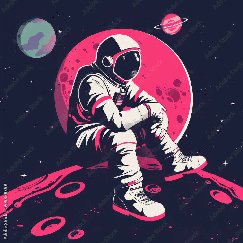 Futuristic astronaut sits on moon in the galaxy. Cosmic exploration Futuristic astronaut sits on moon in the galaxy. Cosmic exploration