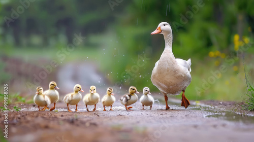 Fototapeta Naklejka Na Ścianę i Meble -  duck leading little ducklings in a line
