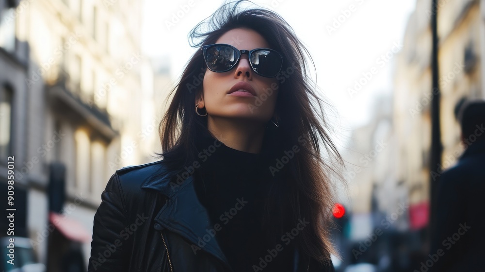 Modern Woman in Sunglasses and Black Jacket on Urban Walk Modern Woman in Sunglasses and Black Jacket on Urban Walk