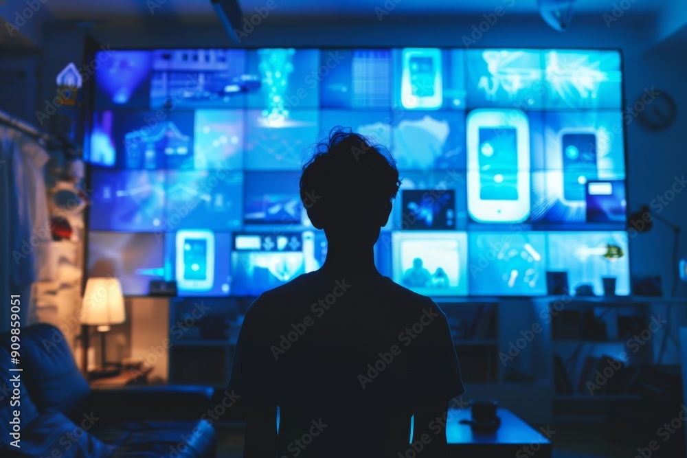 Silhouette of Person in Front of Multiple Digital Screens in a Modern Tech Room Silhouette of Person in Front of Multiple Digital Screens in a Modern Tech Room