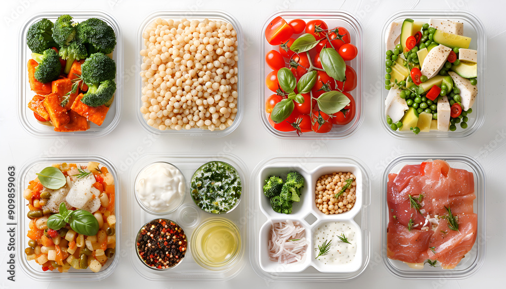 Different delicious meals in containers on white background, top view. Healthy diet Different delicious meals in containers on white background, top view. Healthy diet