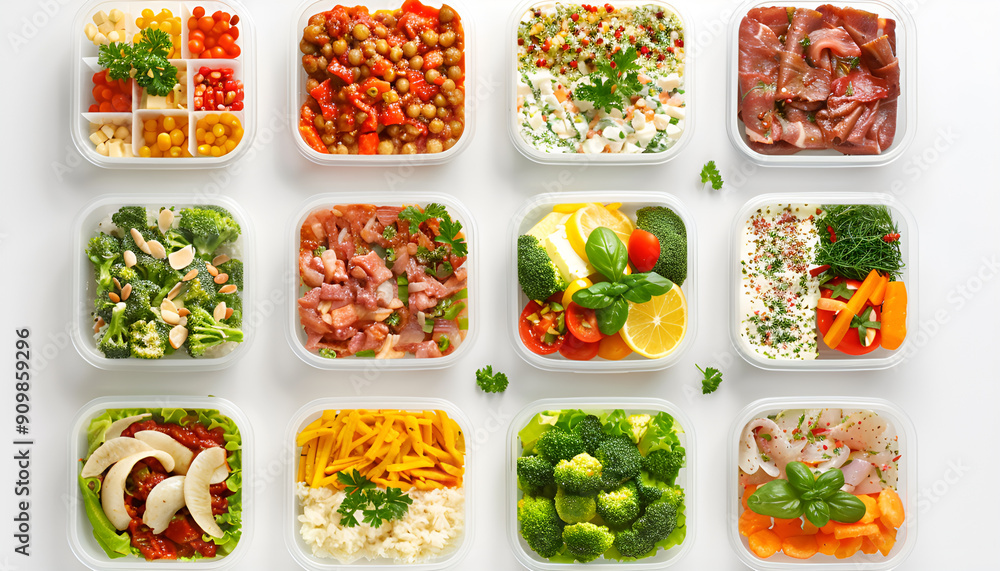 Different delicious meals in containers on white background, top view. Healthy diet Different delicious meals in containers on white background, top view. Healthy diet