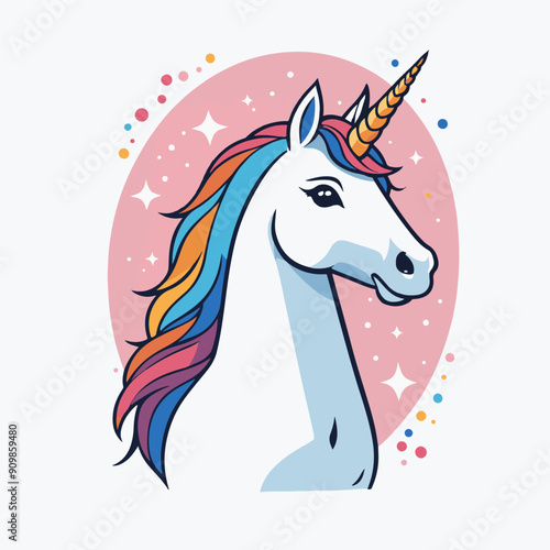 Magic unicorn face with golden horn