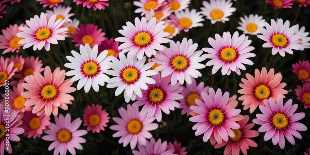 Vibrant Close-Up of Colorful Daisies in Pink, Orange, Yellow, an Vibrant Close-Up of Colorful Daisies in Pink, Orange, Yellow, an
