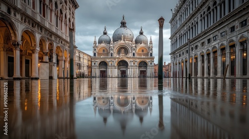 The peaceful atmosphere of the Basilica di San Marco in Venice, with its stunning Byzantine architecture reflected in the surrounding water. photo