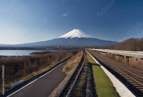 run shinkanzen mt pass fuji bullet train countryside express farm farmland fast high speed japan kanto landmark landscape mount mountain rail railway rural sakura photo