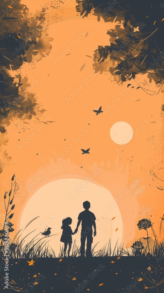 Naklejka premium Silhouette of Children Holding Hands at Sunset with Birds