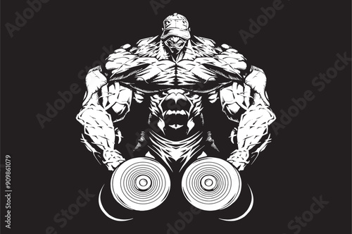 Heaviest Bodybuilder Weight Lifter with Two Dumbbells in both hands front with P-Cap Clipart White on Black Background Art Vector for T-shirts and Wall Decal Workout Athletic Gym Muscle Logo Fitness  photo