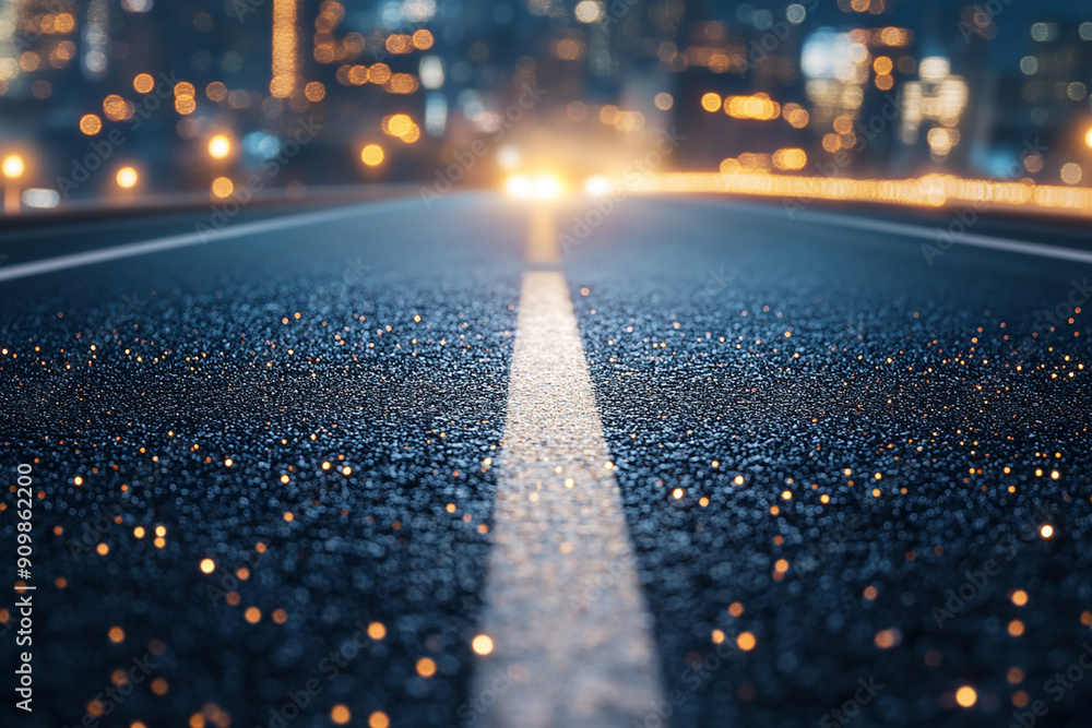 asphalt road leading into the city at night. Selective focus. background asphalt road leading into the city at night. Selective focus. background
