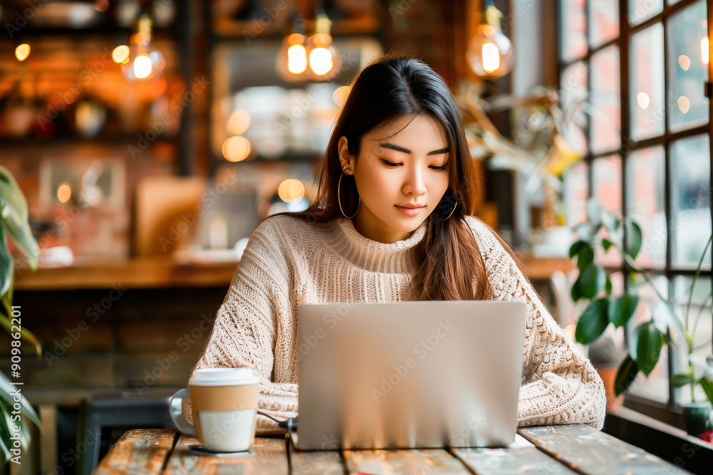 A young woman working on a laptop in a cozy coffee shop with natural lighting and a warm atmosphere. A young woman working on a laptop in a cozy coffee shop with natural lighting and a warm atmosphere.