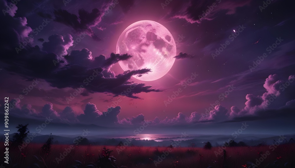 A dramatic red and black sky with a large full moon, surrounded by dark clouds and glowing fireflies or embers A dramatic red and black sky with a large full moon, surrounded by dark clouds and glowing fireflies or embers