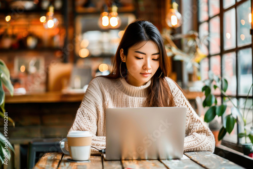 A young woman working on a laptop in a cozy coffee shop with natural lighting and a warm atmosphere.