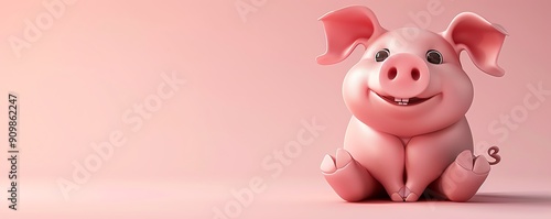 A happy 3D pig character, sitting with a curly tail, on a solid light pink background