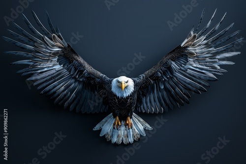 A majestic 3D eagle character, soaring with wings spread wide, on a solid navy blue background