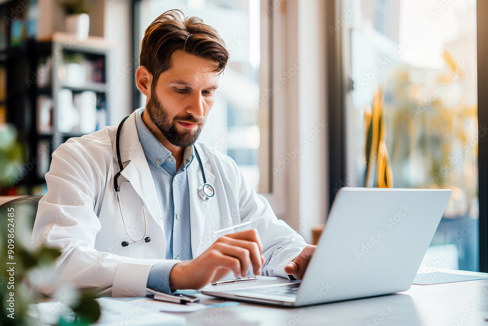 A male doctor in a white coat working on his laptop in a modern clinic office, focusing on patient care and consultations. A male doctor in a white coat working on his laptop in a modern clinic office, focusing on patient care and consultations.