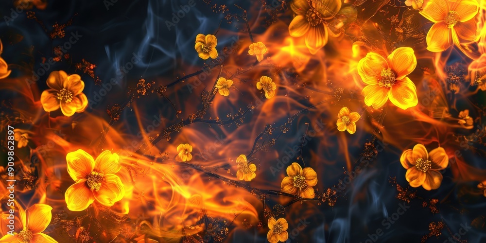 Fototapeta premium Colorful Culture Yellow Flowers in Fiery Flames