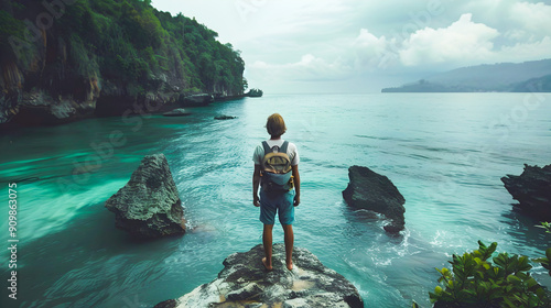 Young Man Overlooking Ocean from Rocky Cliffs photo