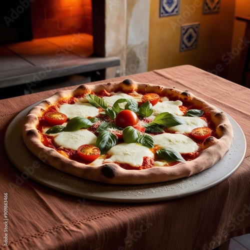 A delicious Italian-style pizza, freshly baked in a wooden oven, rests on a rustic, worn wooden table, adorned with a linen tablecloth in a warm, earthy tone, amidst a cozy, dimly lit trattoria atmosp photo