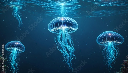 Aquatic Jellyfish Floating in the Deep Ocean