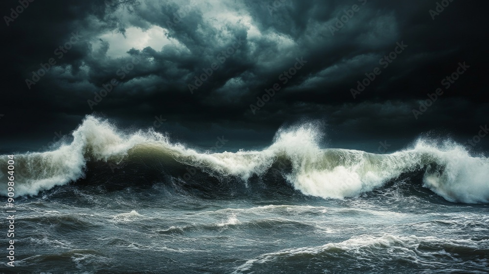 Obraz premium The Fury of the Storm: Dramatic waves crash under a stormy sky, unleashing the ocean's raw power. 