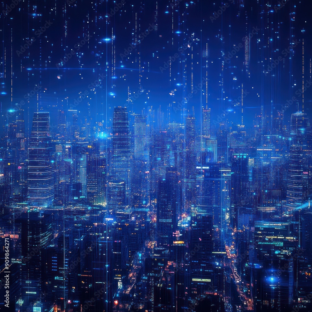 Digital Rain Over Cityscape Digital Rain Over Cityscape
