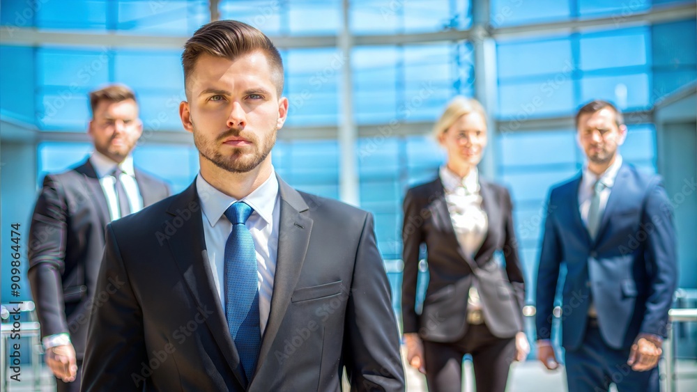 Businessman surrounded by security detail in modern lobby
Businessman surrounded by security detail in modern lobby