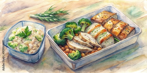 Freshly prepared healthy meal in containers featuring grilled chicken, brown rice, and steamed broccoli, garnished with fresh herbs, on a rustic wooden tabletop background. photo