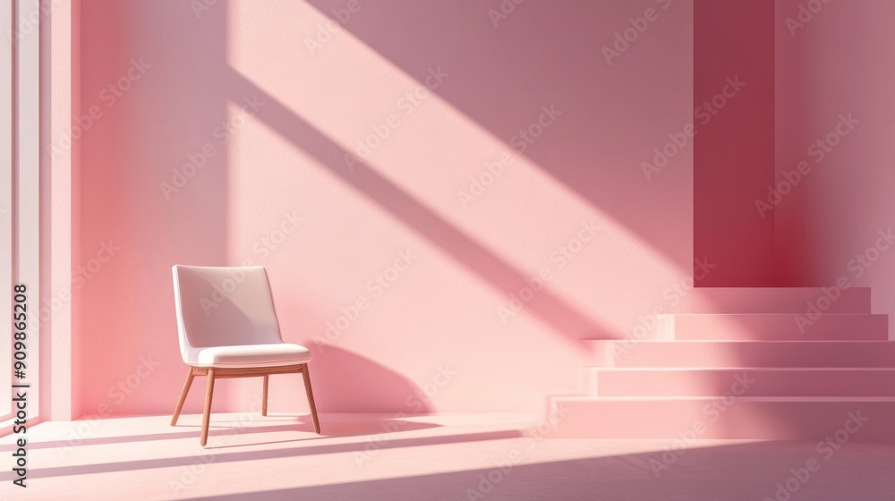 Minimalist Pink Room with a Single Chair and Stairs Minimalist Pink Room with a Single Chair and Stairs