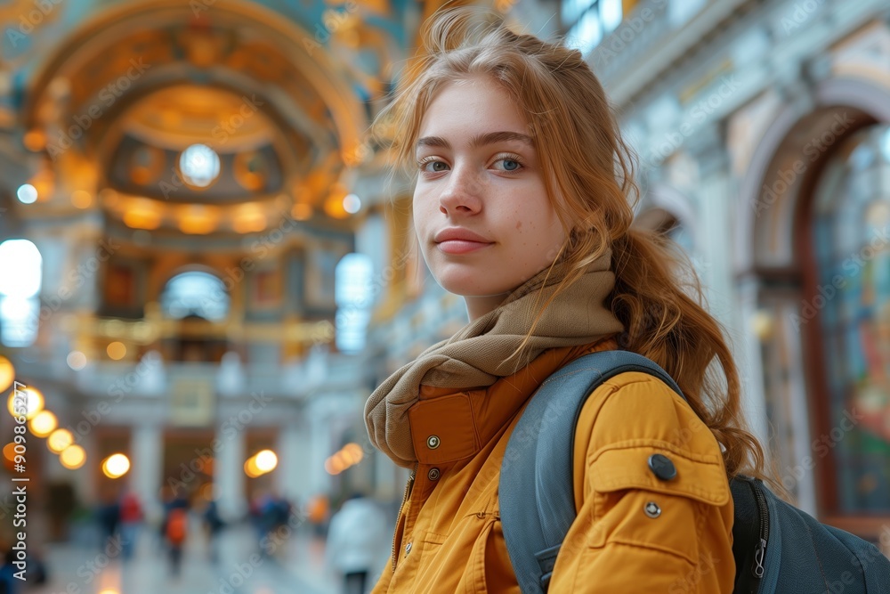 Fototapeta premium Young Woman With Long Hair Wearing Jacket and Scarf in Historic Building Interior