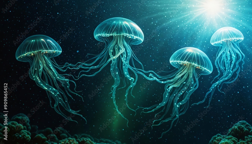 Jellyfish Swimming in Deep Underwater Habitat Jellyfish Swimming in Deep Underwater Habitat