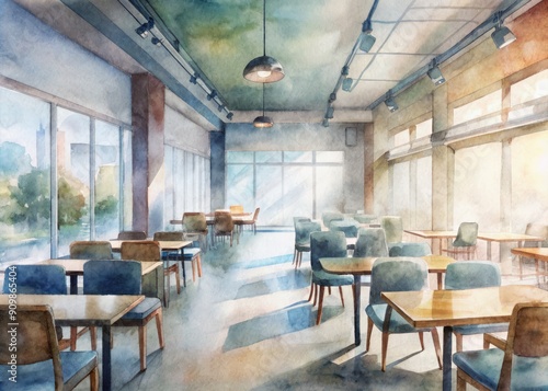 Modern cafe background with empty tables and sleek decor  a blurred row of seats and a large window  ideal for overlaying business partnership scenes.