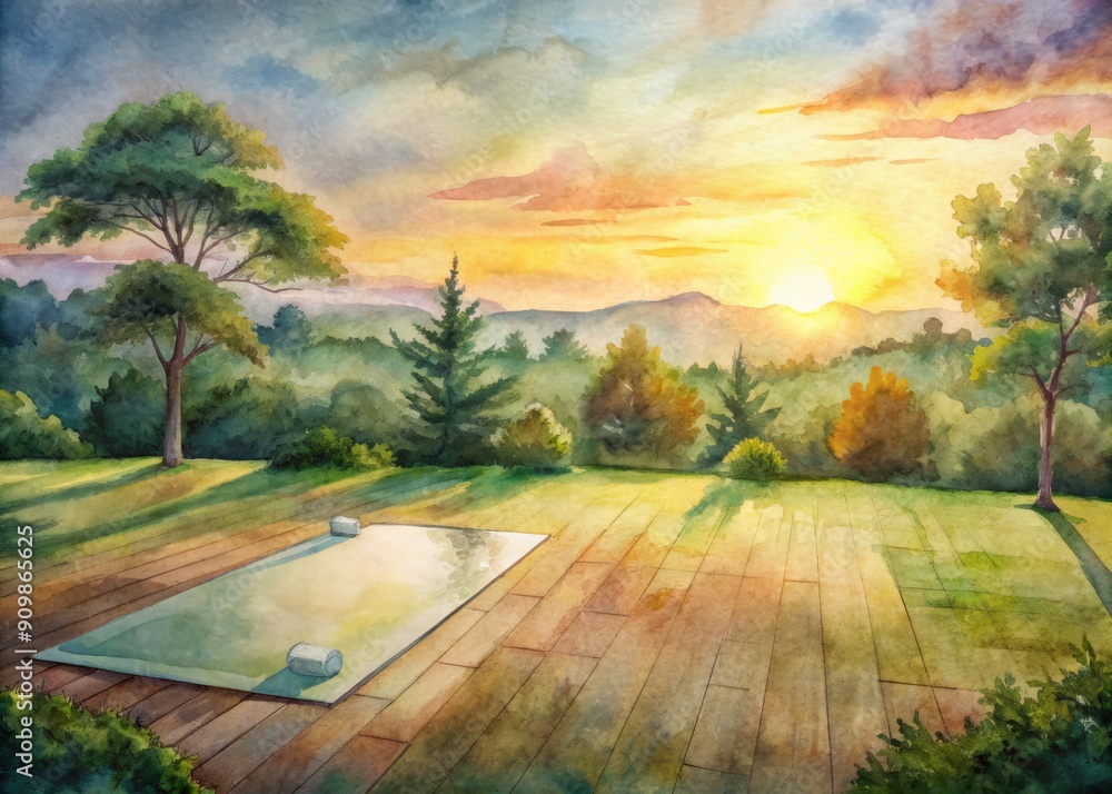 Warm golden light of sunset casts a serene ambiance on a deserted outdoor yoga spot surrounded by lush green trees and vast open sky. Warm golden light of sunset casts a serene ambiance on a deserted outdoor yoga spot surrounded by lush green trees and vast open sky.