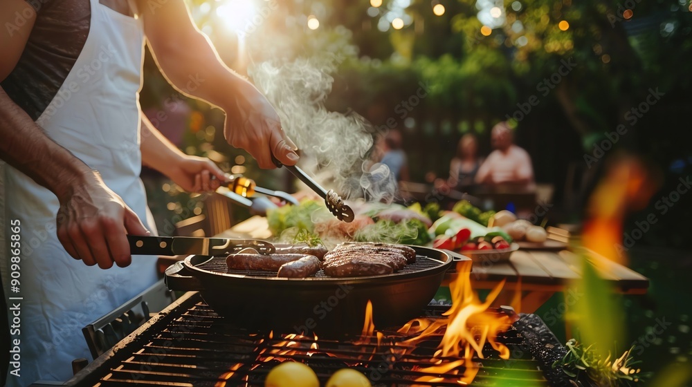 Fototapeta premium A man cooks on a grill during a backyard barbecue.