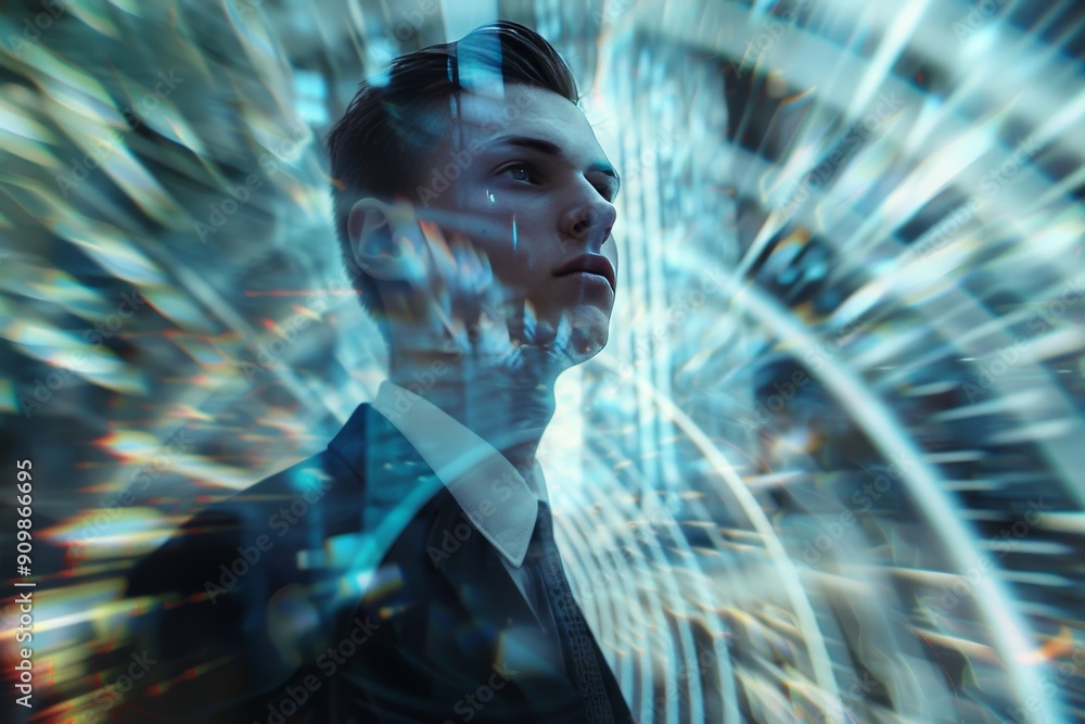 Futuristic Portrait of a Young Man in a Suit with Abstract Light Effects Futuristic Portrait of a Young Man in a Suit with Abstract Light Effects