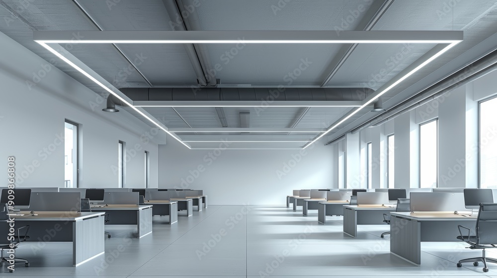 Modern Office Space With Several Workstations and Large Windows During Daylight Hours Modern Office Space With Several Workstations and Large Windows During Daylight Hours