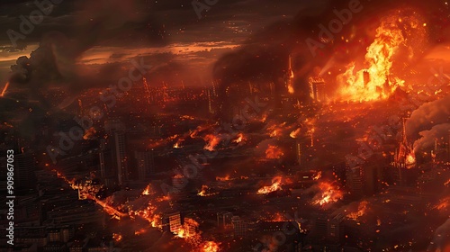 burning city illustration a city engulfed in flames. AI generated illustration