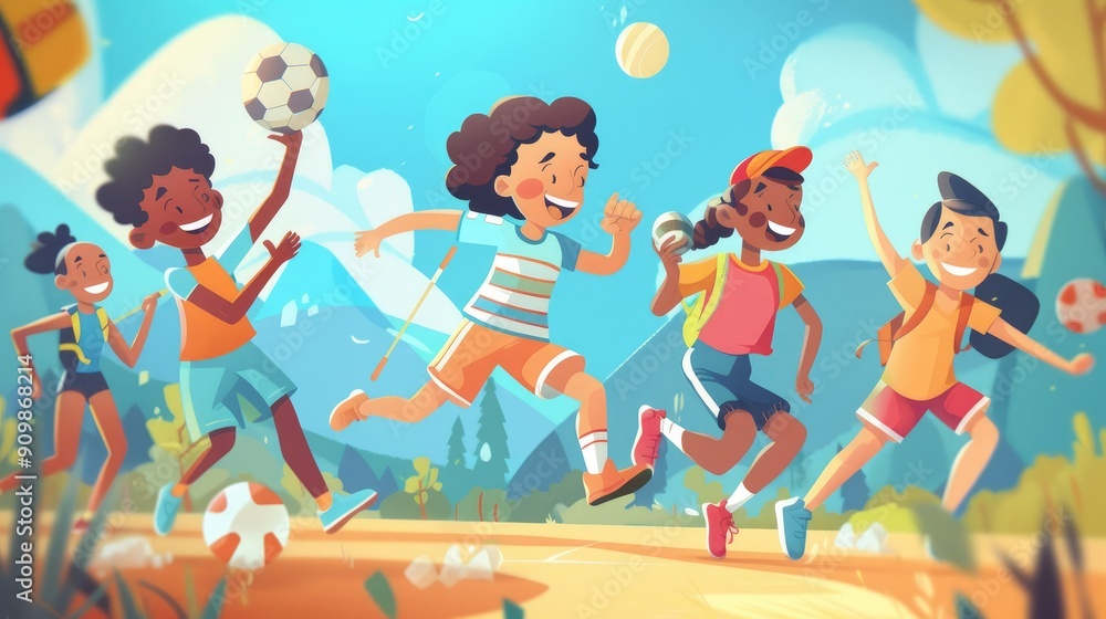 custom made wallpaper toronto digitalFun background with cartoon characters engaging in sports, promoting physical activity.