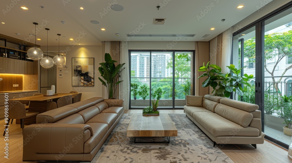 Modern Living Room Design Featuring Natural Light and Indoor Plants in Urban Apartment Setting Modern Living Room Design Featuring Natural Light and Indoor Plants in Urban Apartment Setting