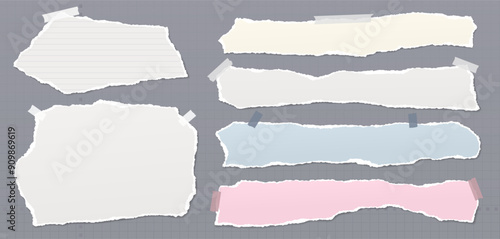 Set of torn white and colorful note paper pieces are on grey background for text or ad.