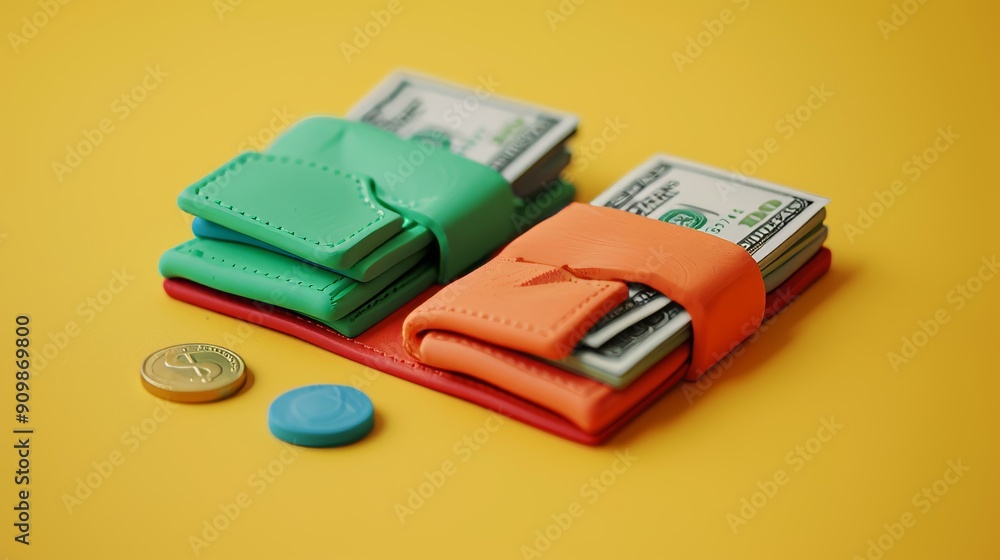 Plasticine icon for cash and credit payments. Handmade wallet with credit card and cash. Concept of online payments and saving money created with plasticine. Plasticine icon for cash and credit payments. Handmade wallet with credit card and cash. Concept of online payments and saving money created with plasticine.