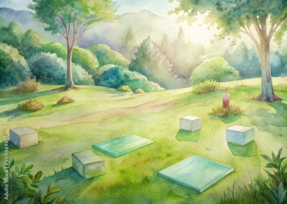 Φωτογραφία Serene outdoor setting with lush green grass, several yoga mats, and blocks, serene atmosphere, natural light, and calm ambiance, evoking feelings of peace and relaxation