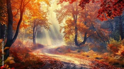 A peaceful autumn landscape with a winding path through a forest