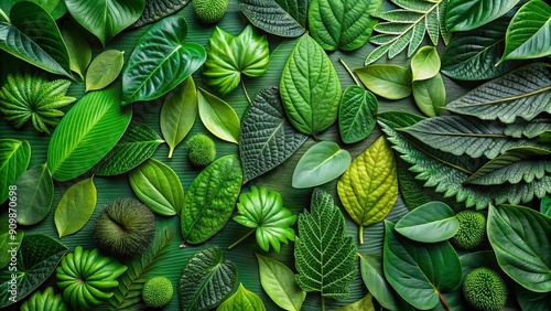 Assorted green leaves of various shapes and sizes are scattered randomly, some overlapping, in a vibrant display of natural texture and organic beauty. photo