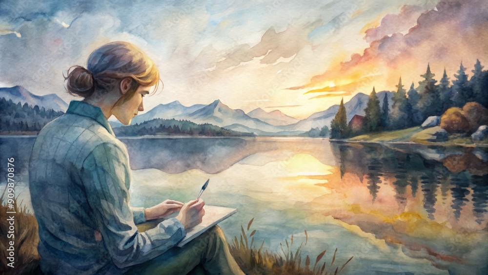 Φωτογραφία A person writing in a notebook by a lake at sunset captures a moment of inspiration or contemplation, blending natural beauty with creative pursuit