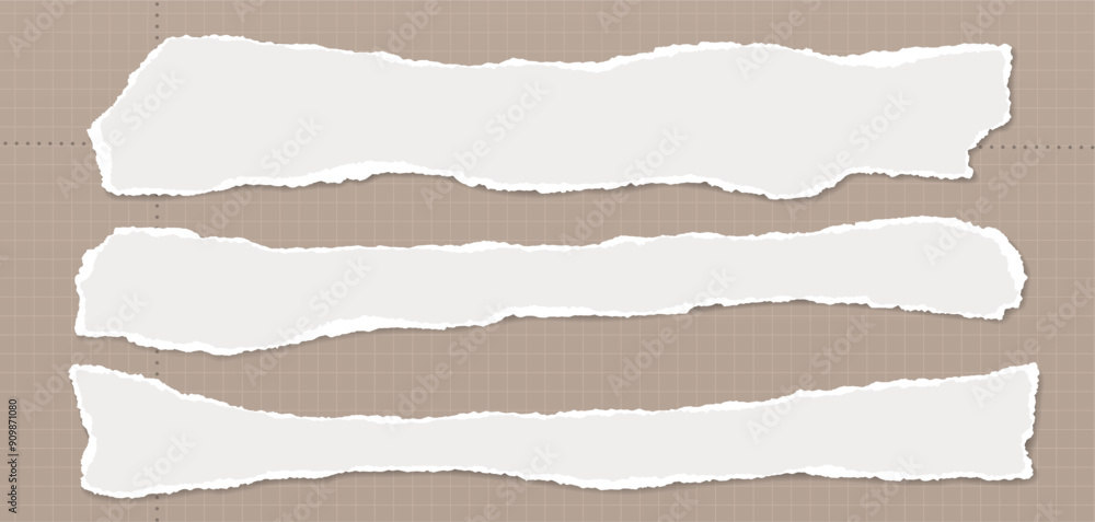 Pieces of horizontal white paper with torn, ripped edges and soft shadow are on brown background for text or ad. Vector illustration. Pieces of horizontal white paper with torn, ripped edges and soft shadow are on brown background for text or ad. Vector illustration.