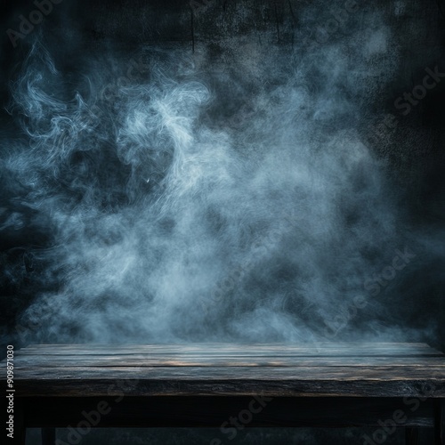 Mysterious Wooden Table with Swirling Mist