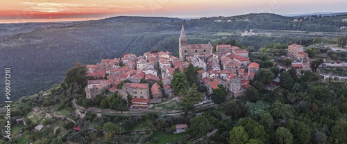 Drone panorama over the historic artists' town of Groznjan in central Istria at sunset photo