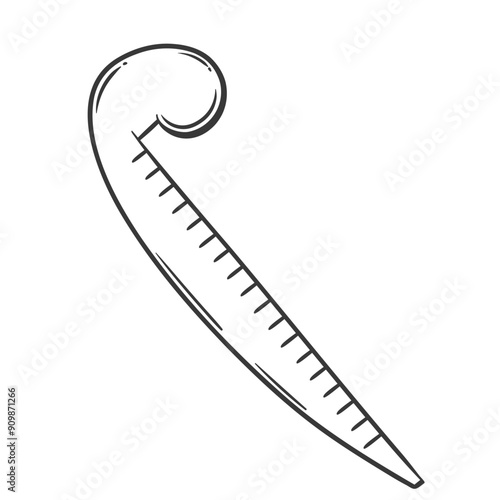 French curve tailor ruler line icon. Hand drawn retro dressmakers tool with scales for sewing. Tailoring, fashion design, dressmaking template mascot, doodle curved ruler icon vector illustration