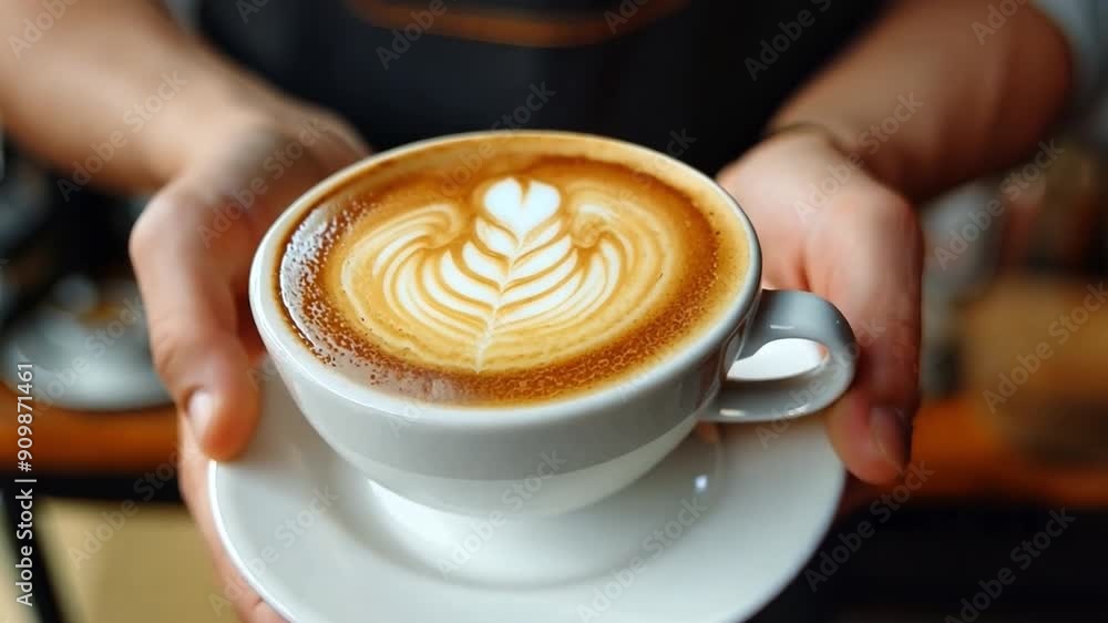 A waiter wearing a black apron extends a coffee cup. A waiter wearing a black apron extends a coffee cup.