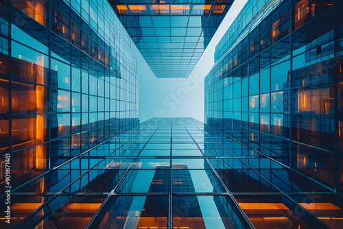 Upward perspective of blue glass skyscrapers and corporate buildings under a clear blue sky. Frog angle shot of modern office architecture.